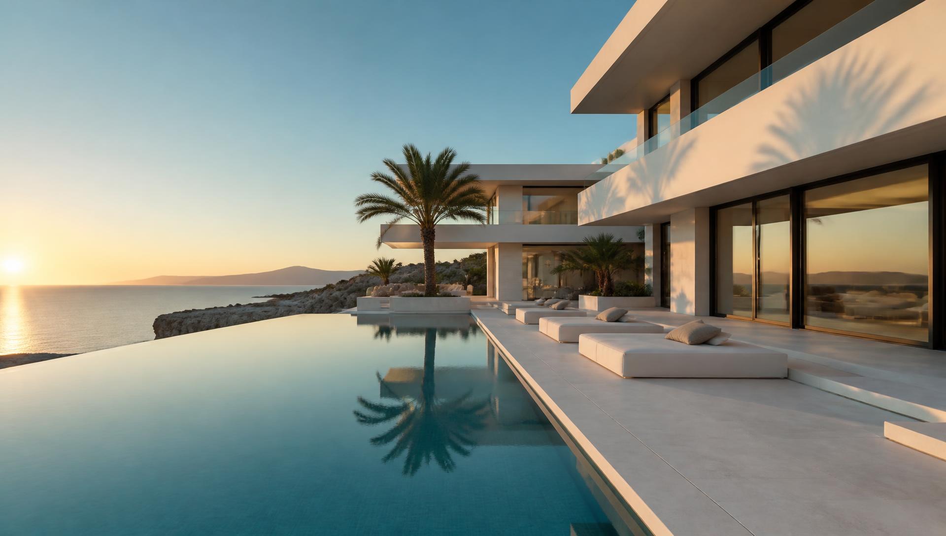 Luxury villa with swimming pool and palm trees in warm evening light